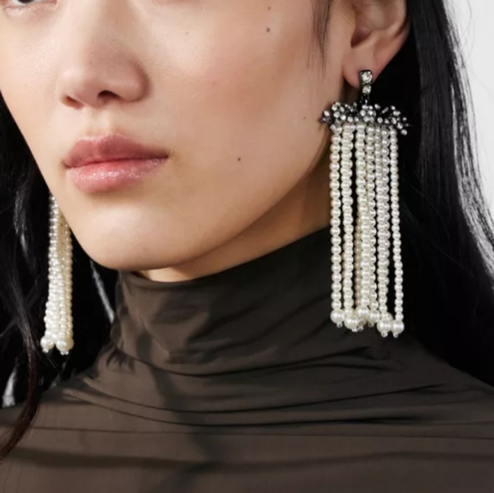 Zara Elegant Rhinestone Pearl Waterfall Drop Earrings